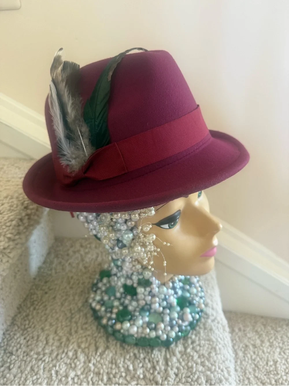 Pandora Burgundy Feather Trim Fedora Hat